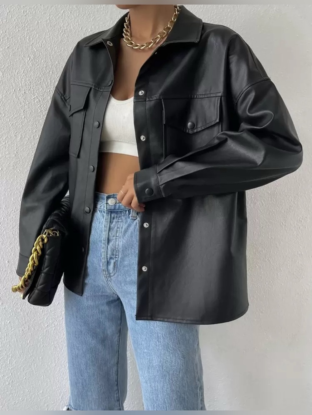 SHEIN Black Faux Leather Shacket with Chest Pockets